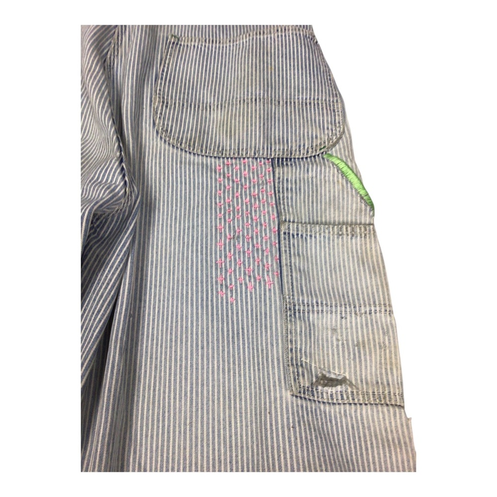 Upcycled Vintage Key Bib Railroad Striped Overalls Embroidered Crochet Parchwork - Picture 13 of 14